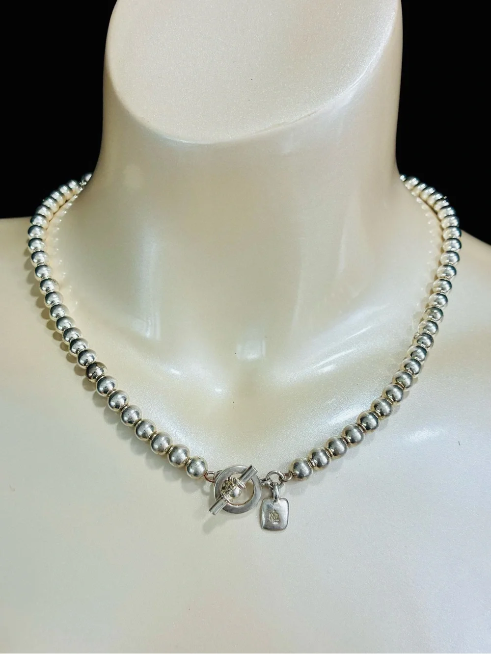 VTG Lauren Ralph Lauren Silver Plated Classic Beaded Toggle Necklace Signed 82g